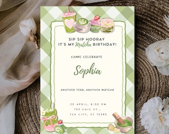 Matcha-Geburtstagseinladung, grüner Gingham, bearbeitbare Canva-Vorlage digitaler Download, Latte Coffee Tea Party