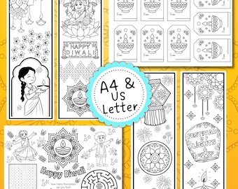 Diwali Färbung druckbare, Lesezeichen, Geschenkanhänger, Aktivität Tischset Kinder, digitaler Download A4, US Letter
