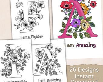 Affirmationen Malseiten, A bis Z Erwachsene, Jugendliche, Kinder, Selbstfürsorge, Achtsamkeit, motivierend Blumen