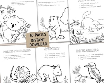 Australian Animals Coloring Pages, Printable Kids Activity Pack, Educational Fun Facts, Digital Instant Download