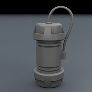 May include: A gray, cylindrical object with a handle and a textured surface. It has a rounded top and bottom and appears to be made of metal.