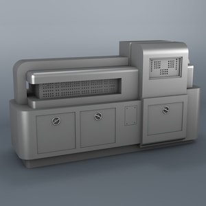 Könnte beinhalten: Eine große, industrielle Maschine in Silber mit einer perforierten Metallplatte und mehreren Türen.