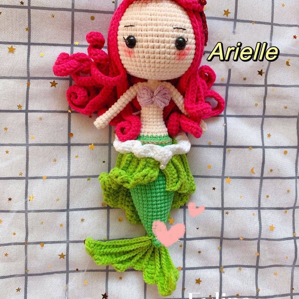 Ariel Mermaid Princess Crochet Doll, Ariel Mermaid Princess Plush Toy, Disney Princess Doll, Handmade Doll