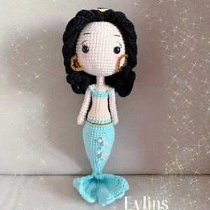 Jasmine Mermaid Princess Crochet Doll, Jasmine Mermaid Princess Plush Toy, Disney Princess, Handmade Doll