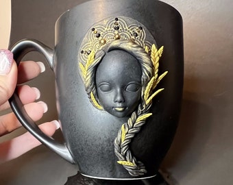 Black mug| Mug with girl| Mug with spikelets of wheat | Handmade mug| Luxury cup| Polymer clay decor mug| modern cup |unique mug with stones