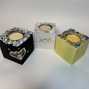 Beton Würfel Kerzenhalter | Designer handgefertigte 23K Goldfolie | Kerze Geschenk| Luxus Steine und Muscheln Kerzenhalter | Tischdekor | Geschenk