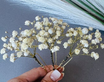 Alfileres de pelo nupcial aliento del bebé, alfileres de flores de Gypsophila, flores secas blancas vainilla, accesorios para el cabello, accesorios para el cabello floral de la boda