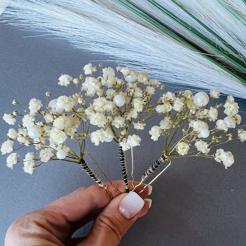 Baby's Breath Bridal Hair Pins: Vanilla White Dried Gypsophila