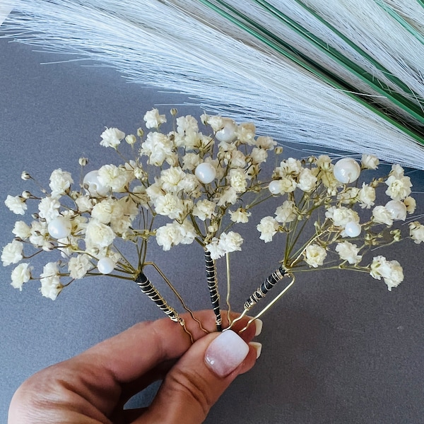 Baby's Breath Bridal Hair Pins, Gypsophila flowers hair pins, Dried flowers with beads, Hair accessories, Wedding floral hair accessories