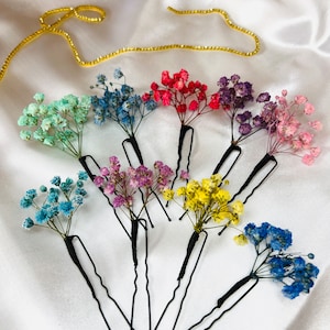 3 pieces Baby&#39;s Breath Bridal Hair Pins, Gypsophila Colorful Dried flowers, Hair accessories, Wedding and prom floral hair accessories