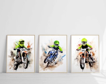 May include: Three watercolor paintings of motocross riders in action. Each rider is wearing a green and yellow helmet and jersey, and is riding a dirt bike with the number "816" on the side. The backgrounds are abstract watercolor washes of brown, blue, and white.