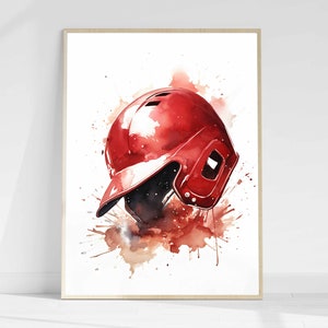 May include: A red baseball helmet with a white visor is painted in a watercolor style with brown and red splatters.