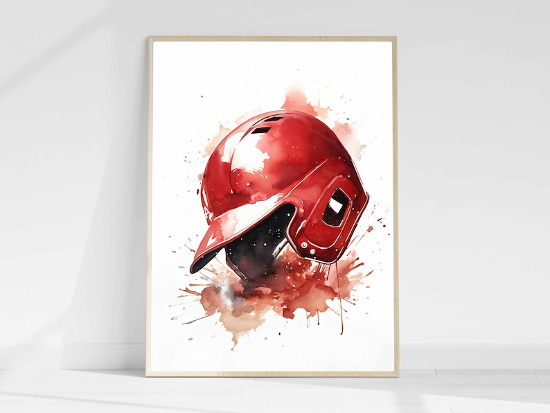 May include: A red baseball helmet with a white visor is painted in a watercolor style with brown and red splatters.