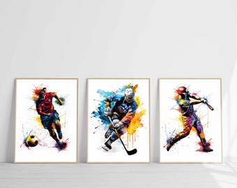 Graffiti Sports Prints Set of 3 Digital Download Soccer Wall Art Hockey Player Printable Art Baseball Artwork Boys Bedroom Decor gift idea