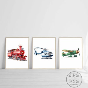 Transport Print Nursery Airplane Helicopter Train Printable Kids Wall Art Toddler Room Decor Aviation Theme Digital Download PNG Clipart