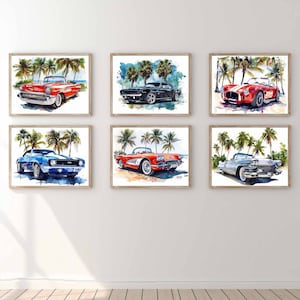 Classic Car Prints Palm Trees Vintage Car Printable Artwork 6 Muscle Car Surf Wall Art Teen Boy Room Decor Vehicle Transportation Poster