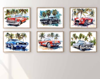 Classic Car Prints Palm Trees Vintage Car Printable Artwork 6 Muscle Car Surf Wall Art Teen Boy Room Decor Vehicle Transportation Poster
