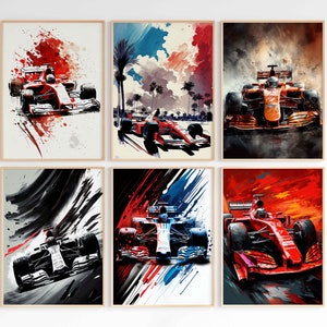 Formula 1 Car Prints Wall Art Bundle Set of 6 Prints Race Car Wallpaper Watercolor Sportscar Racing Poster Motorsport Instant Download