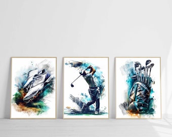Juego de 3 impresiones de golf, póster de golf, descarga digital, decoración del hogar, arte mural de golf, idea de regalo, arte imprimible para hombres, decoración de oficina