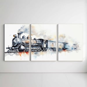 Train Watercolor Print Locomotive Printable Steam Train Triptych Wall Art Toddler Kids Room Decor Vintage Railway Print Digital Download