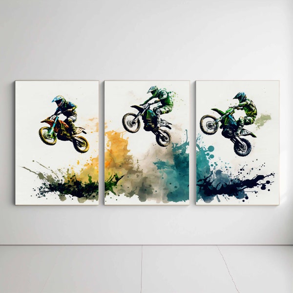 Motocross Print Watercolor Dirt Bike Printable Motorsports Poster Motorcycle Gift Sport Bike Digital Painting Motorbike Triptych Wall Art
