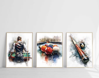 May include: Set of three framed watercolor prints depicting billiards. One shows a person playing pool, another a rack of billiard balls, and the third a pool cue and the 8-ball. The prints have a watercolor effect.