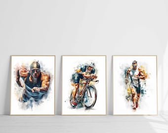 Triathlon Print Set of 3 Male Triathlete Wall Art Digital Download Swim Bike Run Training Poster Endurance Sports Decor Printable Art