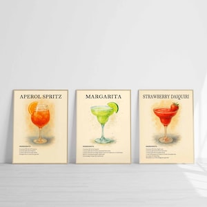 Cocktail Print Aperol Spritz Margarita Strawberry Daiquiri Cocktail Art Print Minimalist Alcohol Classic Cocktail Wall Art Bar Cart Decor