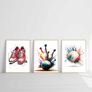 Bowling Print Sports Wall Art Watercolor Bowling Ball Printable Set of 3 Bowling Shoe Poster Gift Bowling Party Decoration Instant Download