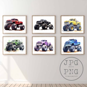 Monster Truck Print Monster Truck Poster Boys Room Decor Wall Art Bundle Big Pickup Child Printable Instant Download Watercolor PNG Clipart