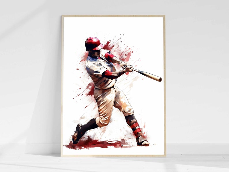 May include: A watercolor painting of a baseball player in a white uniform with red accents, swinging a wooden bat. The player is wearing a red baseball cap and is in mid-swing, with a splash of red and brown watercolor behind them.