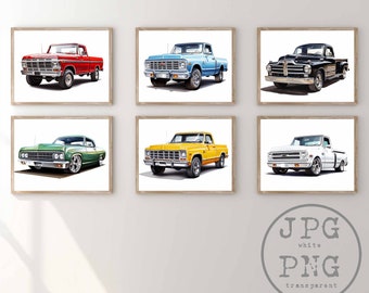 Classic Pickup Truck Prints Vintage Car Wall Art Classic Car Printable Truck Art Nursery Prints Poster Toddler Boy Room Decor Clipart PNG