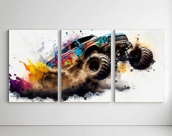 Juego de 3 pósteres de Monster Truck con acuarela, decoración de pared para habitación de niños, descarga digital imprimible