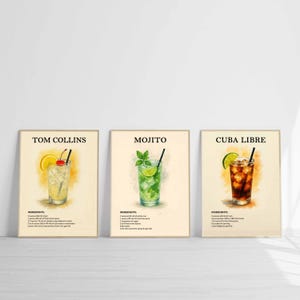Mojito Cocktail Art Print Cuba Libre Tom Collins Cocktail Poster Alcool Boisson Art Mural Décoration Cocktail Classique Bar Cart Art