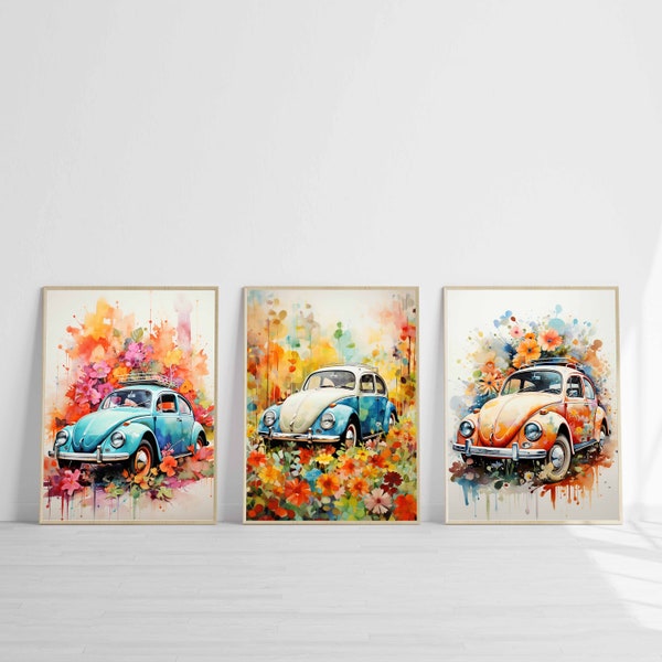 Florales Auto mit Blumen Vintage Poster Fahrzeug Aquarell Floraler Wandschmuck Druck Boho Kunstdruck Zimmer Dekoration Digitaler Download