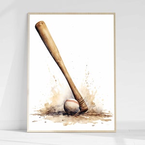 May include: A watercolor painting of a baseball bat and ball. The bat is brown and the ball is white with red stitching. The bat is lying on the ground and the ball is next to it. There are brown watercolor splatters around the bat and ball.