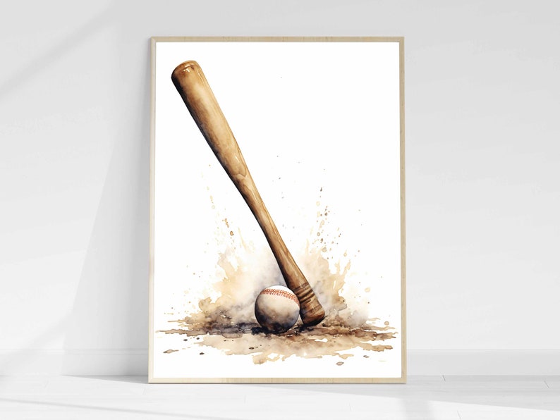 May include: A watercolor painting of a baseball bat and ball. The bat is brown and the ball is white with red stitching. The bat is lying on the ground and the ball is next to it. There are brown watercolor splatters around the bat and ball.