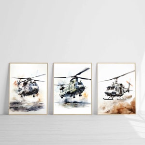 Stampa artistica di elicottero dell'esercito, poster ad acquerello stampabile, download digitale, immagine di elicottero militare, decorazione da parete, arredamento per ufficio, aviazione