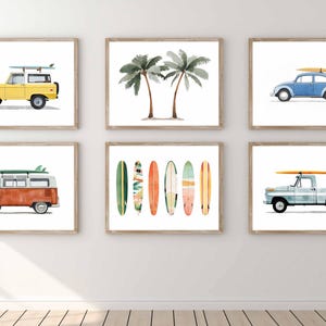 Classic Car Print Surf Poster Set of 6 Car Wall Art Surf Nursery Decor Surfboards Transportation Printable Boy Room Decor Palm Tree