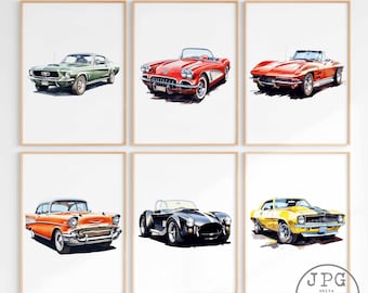 Classic Car Prints Vintage Car Printable Artwork 6 Muscle Car Bundle Wall Art Teen Boy Room Decor Vehicle Transportation Poster PNG Clipart