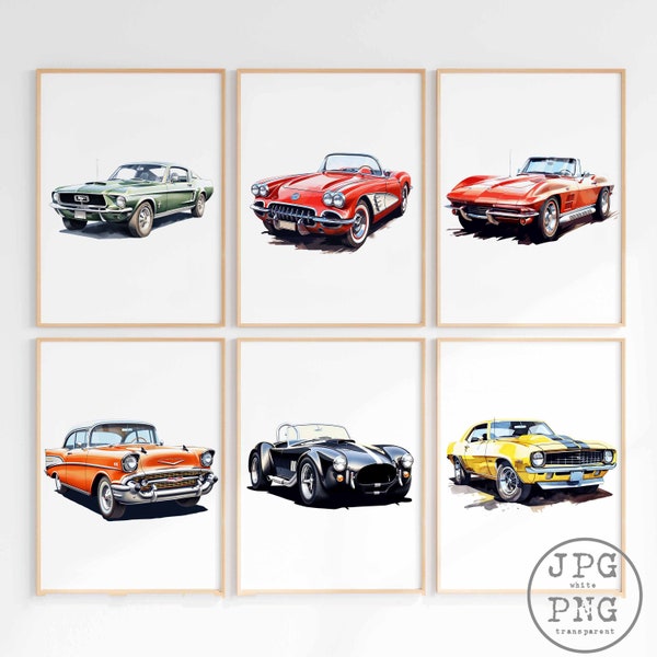 Classic Car Prints Vintage Car Printable Artwork 6 Muscle Car Bundle Wall Art Teen Boy Room Decor Vehicle Transportation Poster PNG Clipart