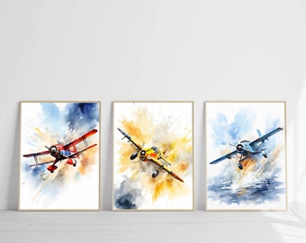 May include: Three watercolor paintings of airplanes in flight. The first painting features a red biplane flying through a blue and white cloudy sky. The second painting features a yellow and blue airplane flying through a yellow and orange cloudy sky. The third painting features a blue airplane flying through a blue and white cloudy sky, with water below.