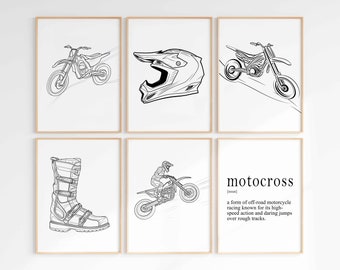 Motocross One Line Art Dirt Bike Printable Wall Art Digital Download Set of 6 Prints Motorsports Motorcycle Sport Bike Motorbike PNG Clipart