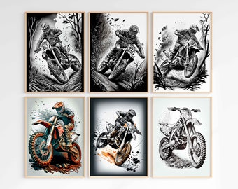 May include: Six black and white illustrations of motocross riders in action. The riders are wearing helmets and goggles and are riding dirt bikes. The illustrations are set against a background of trees and dirt.