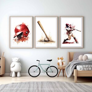 May include: Three watercolor paintings of baseball themed imagery. The first painting shows a red baseball helmet with white accents. The second painting shows a wooden baseball bat with a brown handle. The third painting shows a baseball player in a white uniform swinging a bat.