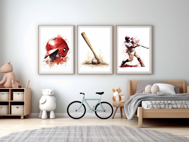 May include: Three watercolor paintings of baseball themed imagery. The first painting shows a red baseball helmet with white accents. The second painting shows a wooden baseball bat with a brown handle. The third painting shows a baseball player in a white uniform swinging a bat.
