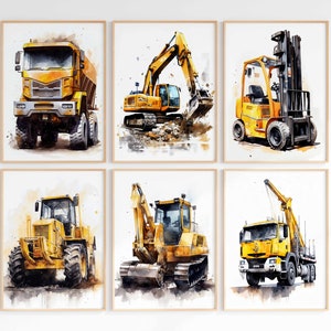 Sitio de construcción vehículos cartel conjunto de 6 vehículos impresión acuarela arte impresión habitación de los niños niños camión coche imagen imprimible descarga digital