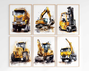 May include: Six watercolor paintings of yellow construction vehicles on a white background. The vehicles include a dump truck, excavator, forklift, bulldozer, backhoe, and a crane truck.