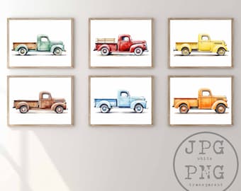 Old Truck Prints Set of 6 Vintage Pickup Truck Wall Art Classic Car Printable Truck Art Nursery Prints Car Poster Boy Room Decor Clipart PNG