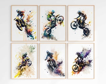 Juego de 6 pósteres de motocross con estampado de motocicleta, acuarela, arte de deportes extremos, imagen de deportes de motor imprimible, decoración de habitación de niños, descarga digital